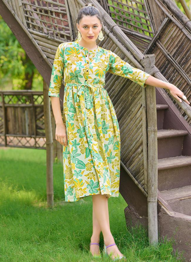 Rayon Lemon Green Casual Wear Printed Readymade Kurti 